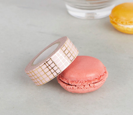 Washi tape rosa con cuadrícula dorada