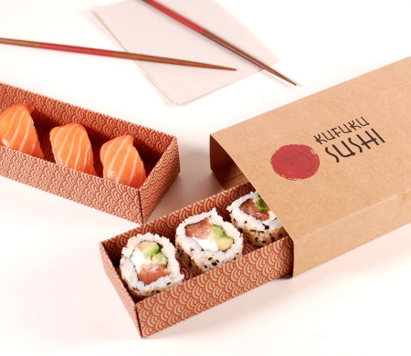 Caja de cartón para sushi alargada con faja  