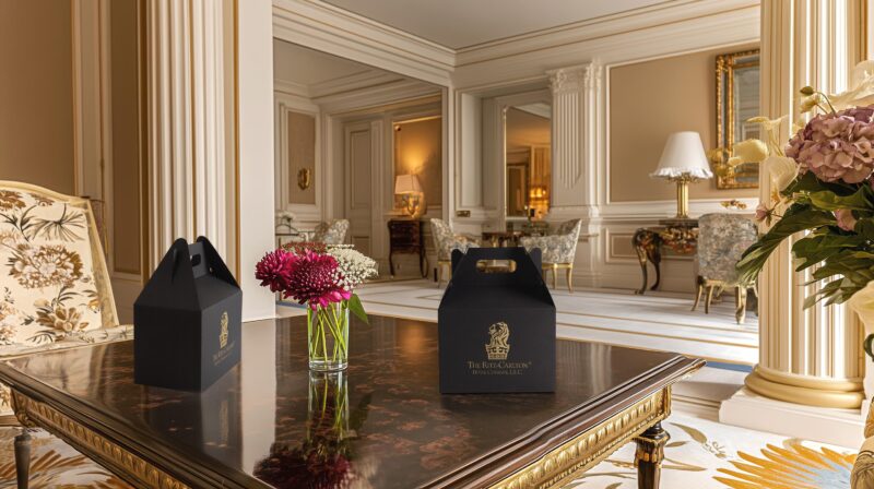Kit di benvenuto premium per gli ospiti dell'hotel con prodotti locali e design coordinato.