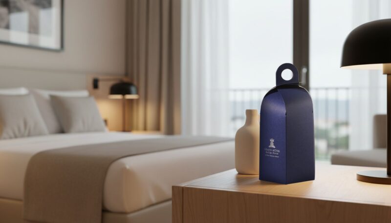 Kit di benvenuto premium per gli ospiti dell'hotel con prodotti locali e design coordinato.